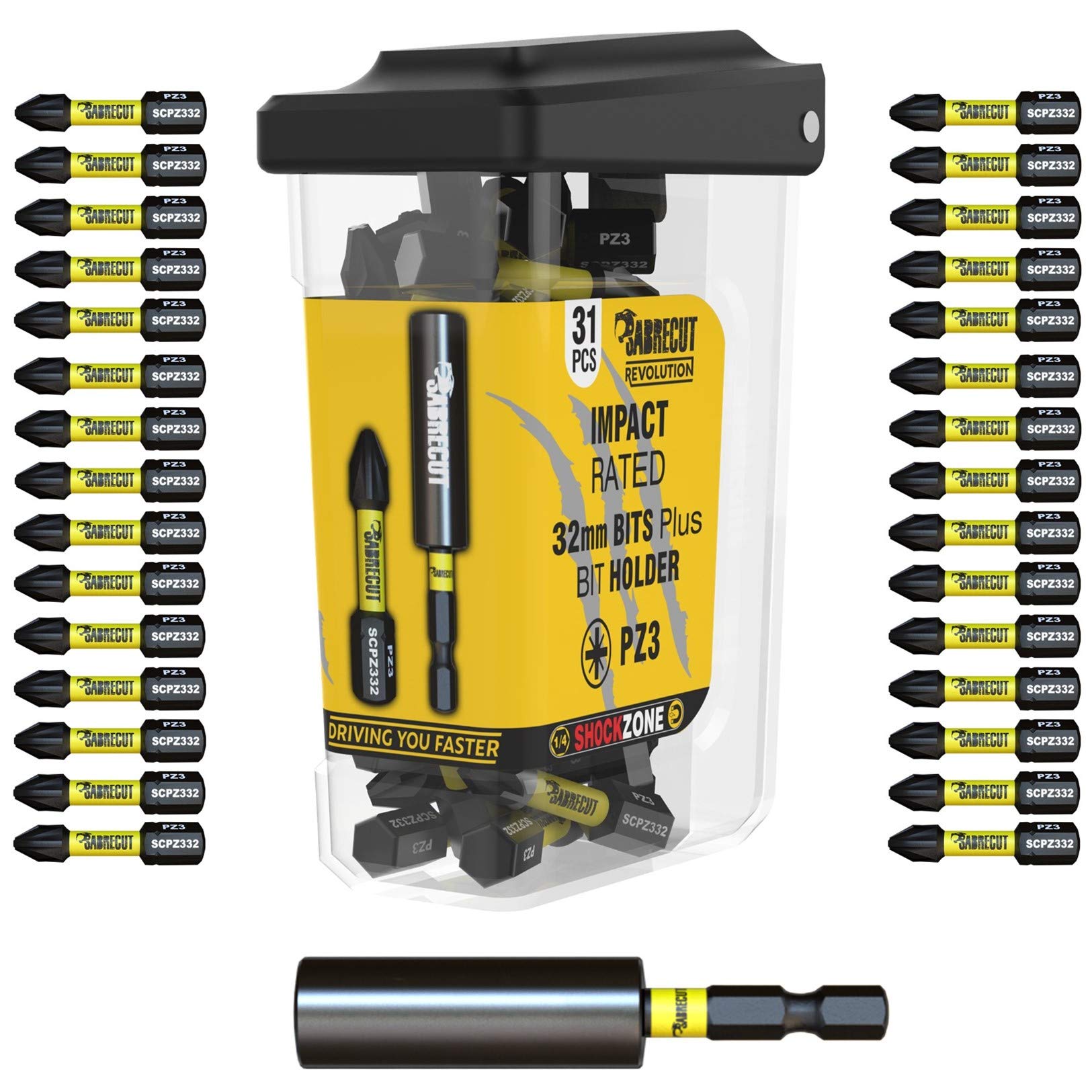31 x SabreCut SCRPZ33231B 32mm PZ3 and 60mm Impact Bit Holder Magnetic Impact Screwdriver Driver Bits Set Single Ended Pozi Pozidriv