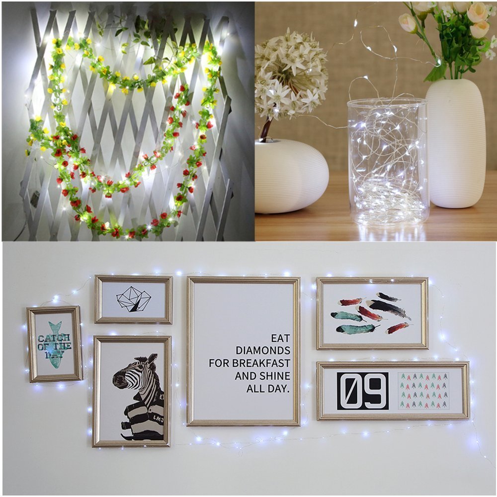 Kohree String Light Daylight White Remote Control Battery Operated Waterproof 8 Modes 50 LED 16.4ft/5M Silver-Coated Copper Wire Firefly Rope Lights 2 Packs