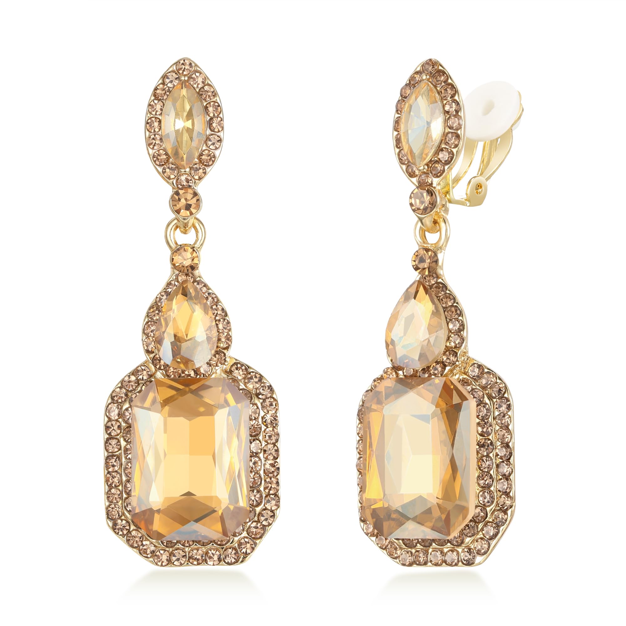 Clearine Wedding Bridal Clip On Crystal Emerald Cut Infinity Figure 8 Chandelier Dangle Earrings for Women Champagne Gold-Tone — image 1