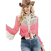 JOHN MOON Womens Fringe Western Long Sleeve Shirts Floral Embroidered Cowgirl Button Down Shacket Blouse Country Rodeo Outfit