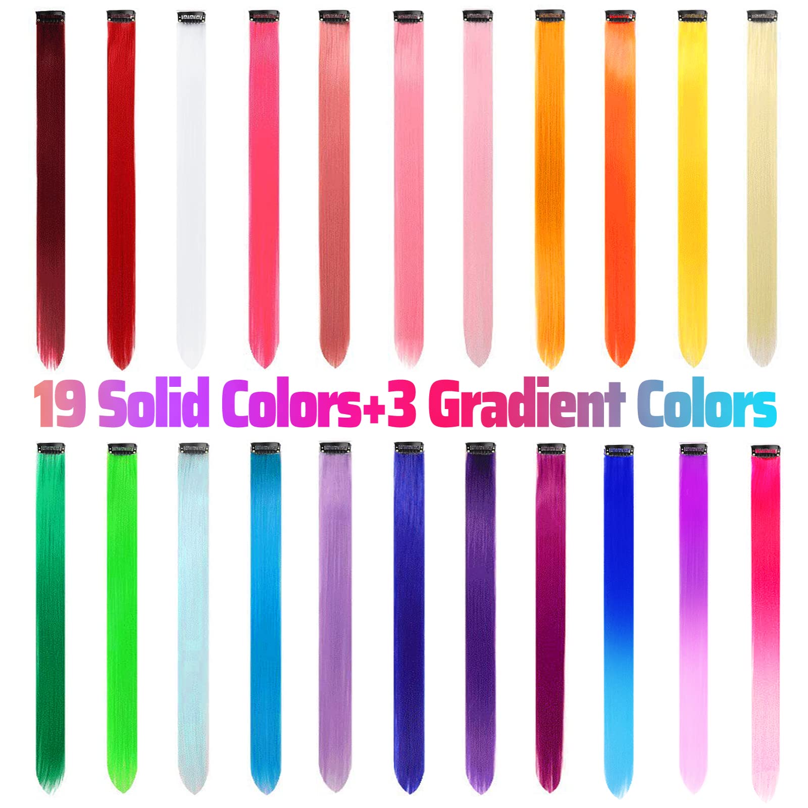 22 PCS Rainbow Colored Hair Extensions Clip In for Girls 22 Inch Colorful Straight Extensions for Party Highlights Accessories Hair Pieces for Women