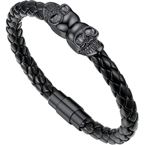 COOLSTEELANDBEYOND Men's Skull Cable Cuff Bracelet - Polished Stainless Steel, Elastic & Adjustable