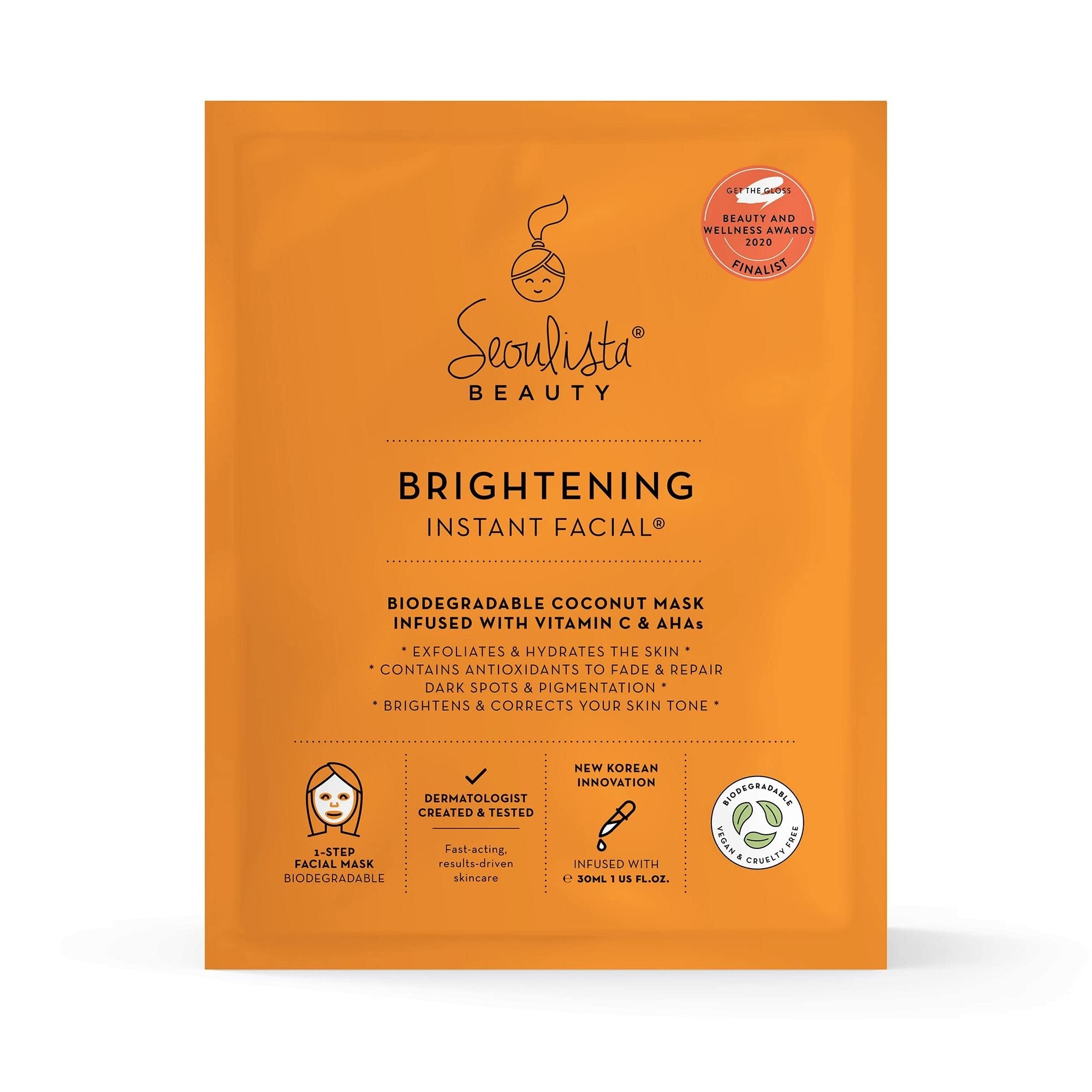 Seoulista Beauty® Brightening Instant Facial™ 30ml | Treatment Face Sheet Mask for Dry Skin, Dark Spots and Pigmentation | Dermatologist Created Korean Skin Care | Infused with Vitamin C & AHAs