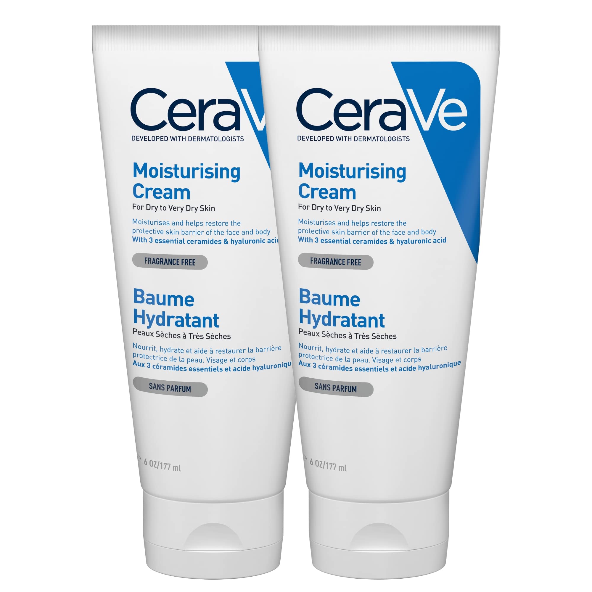 CeraVe Moisturising Cream for Body and Face, Cream for Dry to Very Dry Skin with Hyaluronic Acid and 3 Essential Ceramides, 2 x 177 ml