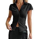 ABYOVRT Women Button Down Shirt Y2k Short Sleeve Collared Fitted Blouse Tie Back Going Out Tops