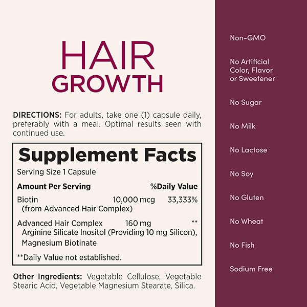 NATURE’S BOUNTY OPTIMAL SOLUTIONS HAIR GROWTH SUPPLEMENT WITH BIOTIN, HAIR GROWTH VITAMINS WITH BIOTIN SILICON & ARGININE, 1 PER DAY, 30 CAPSULES, ONE MONTH SUPPLY
