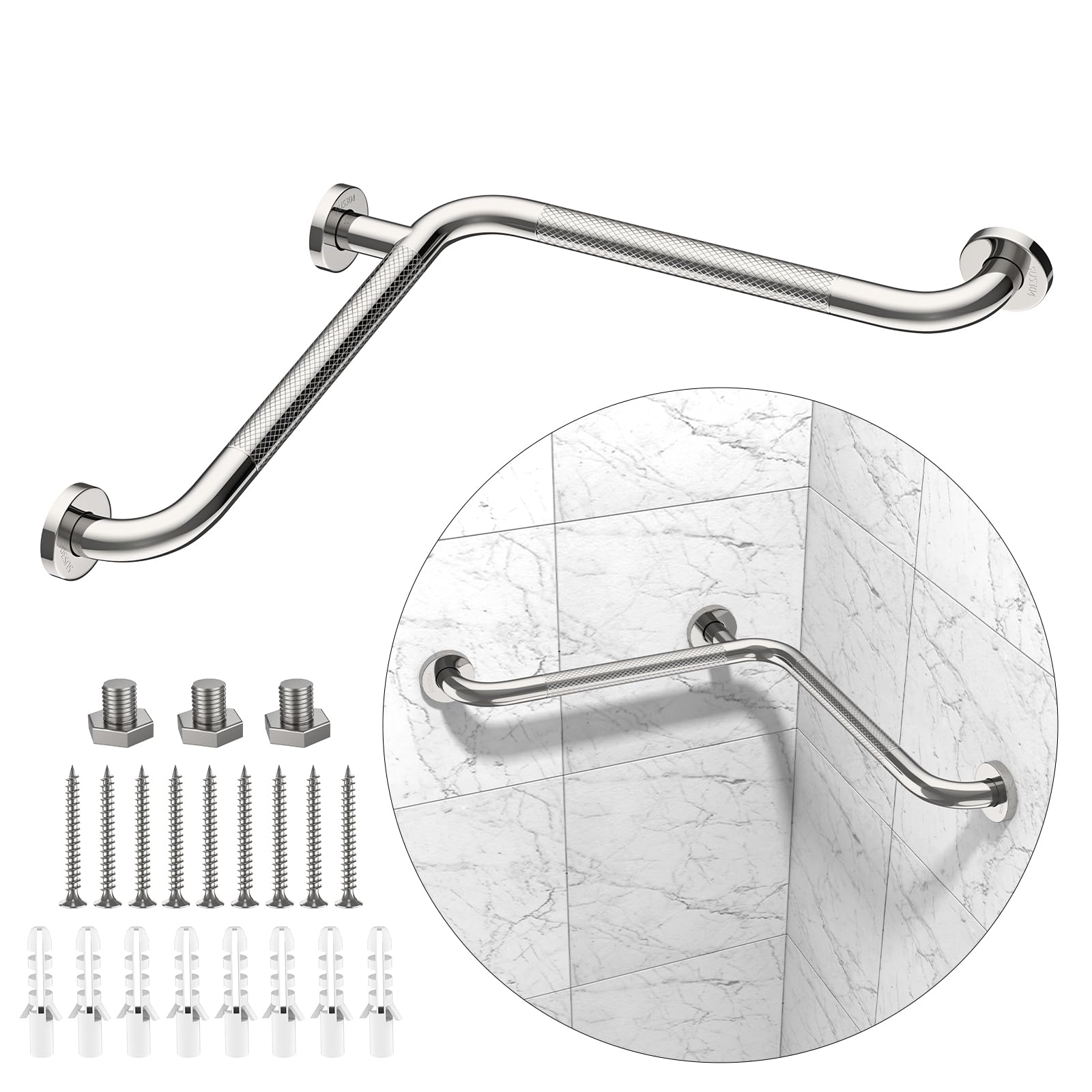 Photo 1 of 16x16 Inch Angled Shower Grab Bar, Munzong Anti Slip Chrome Bathroom Grab Bar, L-Shaped Knurled Balance Bar, Inside Corner Grab Bar,Safety Hand Rail Support Handicap Elderly Senior Assist Bath Handle
