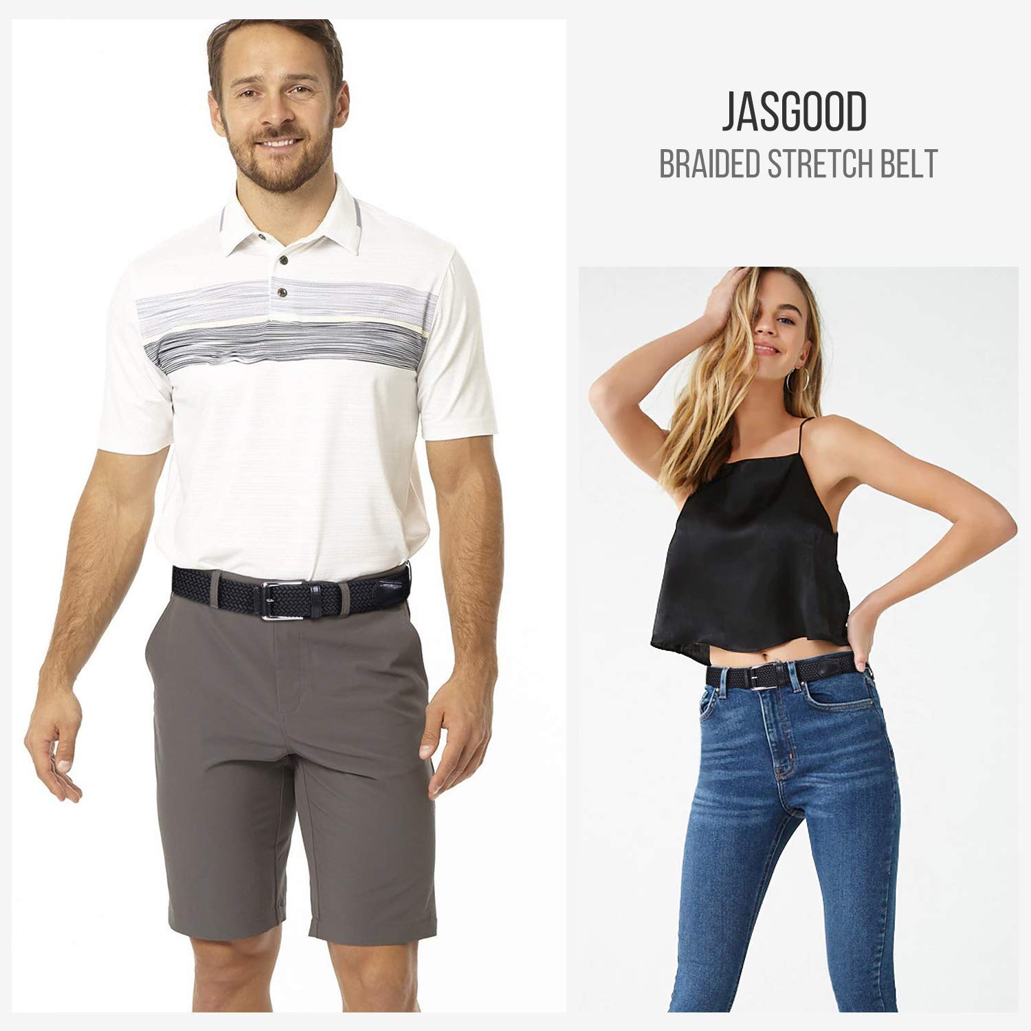 JASGOOD Braided Stretch Belt Mens,Woven Elastic Belt,Golf Belt for Cargo Shorts Jeans Women Junior(Suit for pant size 35-41 Inch,12-Black)