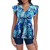 ECUPPER Women Short Sleeve Tankini Swim Dress Ruffled Flowy Skirt Swimsuits Tummy Control Two Piece Bathing Suits with Shorts