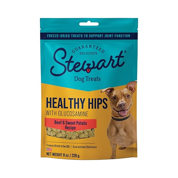 STEWART FREEZE DRIED DOG TREATS, HEALTHY HIPS WITH GLUCOSAMINE FOR DOGS, HEALTHY, LIMITED INGREDIENT GRAIN FREE DOG TREAT, BEEF & SWEET POTATO RECIPE, 8 OUNCES, RESEALABLE POUCH, LIGHT BROWN (402303)