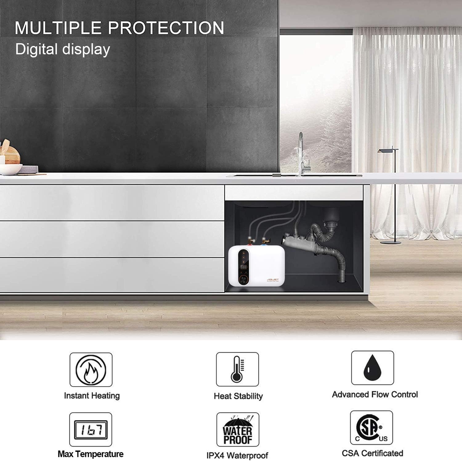 Electric Hot Water Heater 110-120V Compact Mini-Tank Storage, Small Output 2.5-3.0 Gallon, 1.5KW Kitchen Instant Under Sink Point-of-Use, 2 PCs 16” Long 1/2”FIP Stainless Steel Water Hoses, GFCI Plug - - 