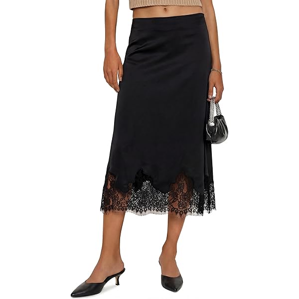 Amazon.com: Wild Fable Women's Satin Lace Trim Midi Skirt