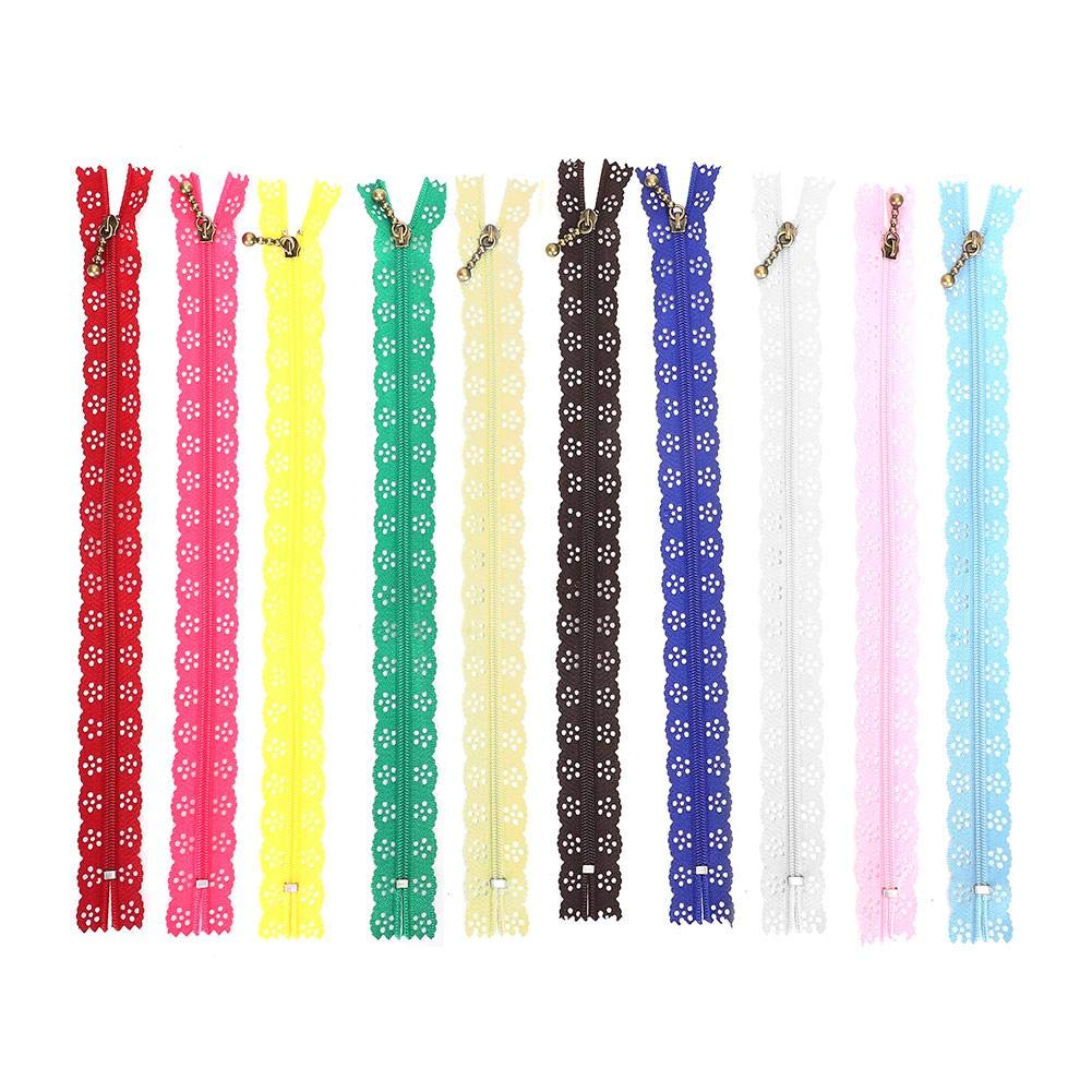 Atyhao Lace Zippers, 10 Colors 25cm Nylon Coil Zipper with Flower Lace Trim for Sewing, Tailoring, Crafts, Bags and Clothing Projects