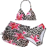 BEAUDRM Girl's 3 Piece Leopard Bikini Set Floral Cheetah Halter Triangle Swimsuit with Beach Cover Up Skirt