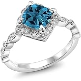 Gem Stone King 7MM Cushion Cut Gemstone Birthstone and White Moissanite Solitaire Engagement Ring For Women | 925 Sterling Silver | Available in Size 5, 6, 7, 8, 9