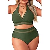 Tempt Me Women Plus Size Bikini High Waisted Swimsuits Mesh Tummy Control Two Piece Bathing Suit