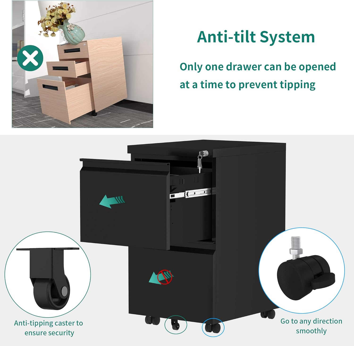 YITAHOME 2-Drawer Vertical File Cabinet with Lock, Portable Mobile Metal File Cabinet for Legal/Letter Size, Pre-Built Office Storage File Cabinet Except Wheels Under Desk - Black: Furniture & Decor