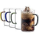 Clear Glass Coffee Mugs Set of 4 – 17 Oz Large Coffee Cups Ideal for Latte, Cappuccino, Tea – Premium Glass Mug for Hot Beverages with Colored Handles – Dishwasher and Microwave Safe Latte Mugs