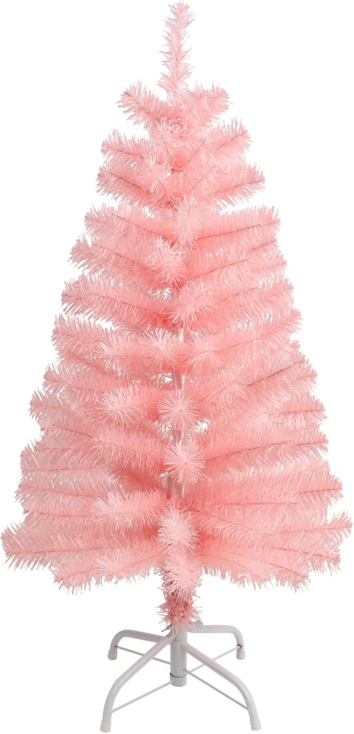 Trees - CCINEE 3Ft Artificial Christmas Tree, Pink Tabletop Hinged Christmas Tree with Metal Stand 130 Branch Tips Mini Tree for Xmas Party Supplies Home Indoor Decoration