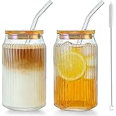 2 PCS Glass cups with Lids and Straws, 16 OZ Iced Coffee Cups, Ribbed Glass Tumbler with Straw and Bamboo Lid, Thick Drinking Beer Glasses for Coffee, Juice, Match Cup with Cleaning Brush (Clear)