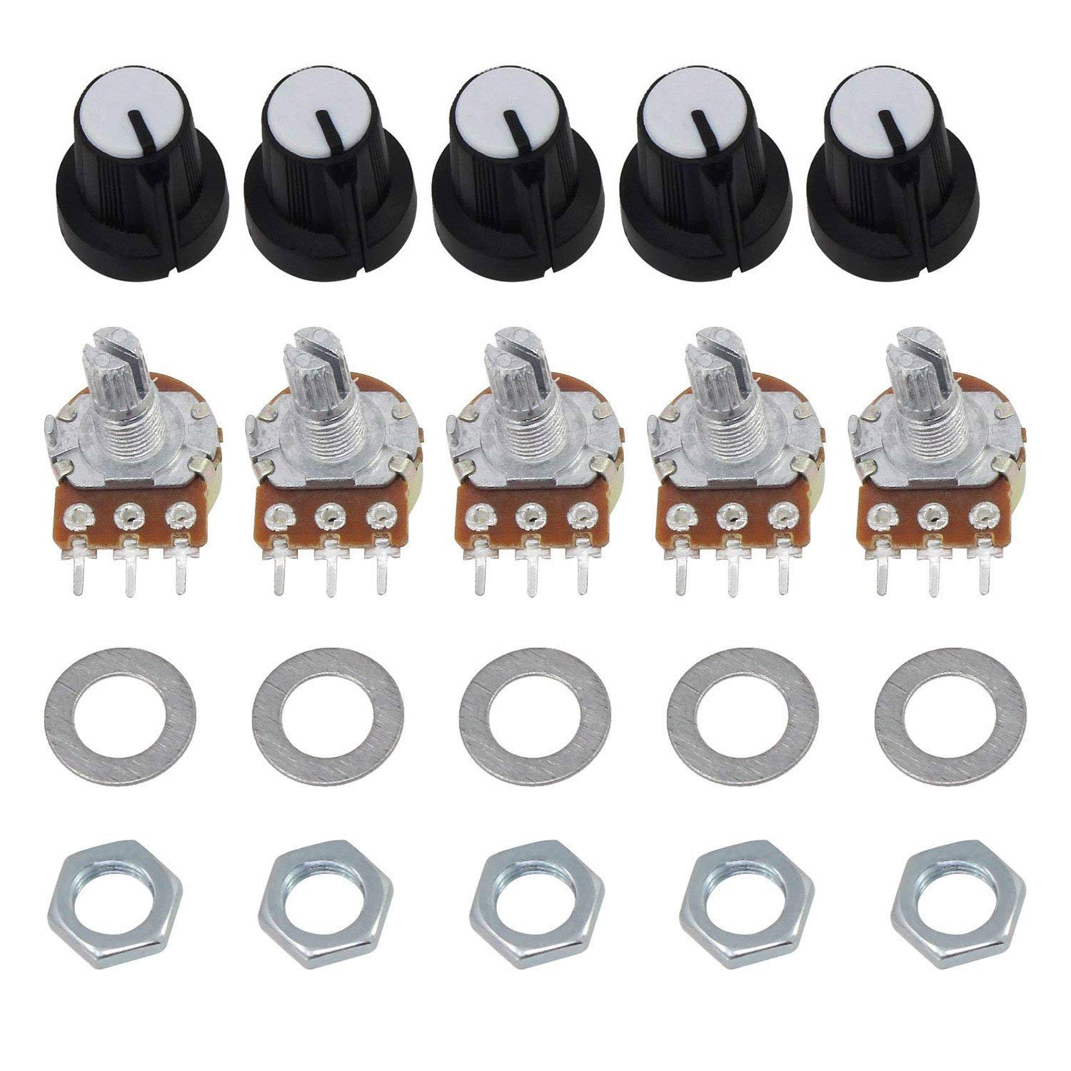 ALLNICE 10K OHM B10K Single Linear Potentiometer 3 Terminal Taper Rotary Potentiometer with Cap Nuts and Washer,Pack of 5 (B10K) - Image 3
