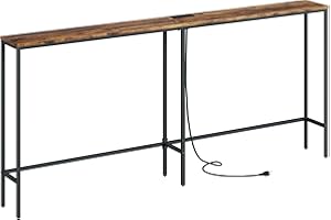Masupu 70.9 Inch Console Table with Power Outlet,Modern Narrow Long Sofa Table Behind Couch,Skinny Entry Table with Gold Metal Frame for Entryway,Living Room, Hallway,Rustic Brown