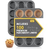 Bake Choice 2 Muffin Pan for Baking, Standard Cupcake Pan with 100 Liners | Includes 100 Natural Cupcake Liners, Non-Stick Mu