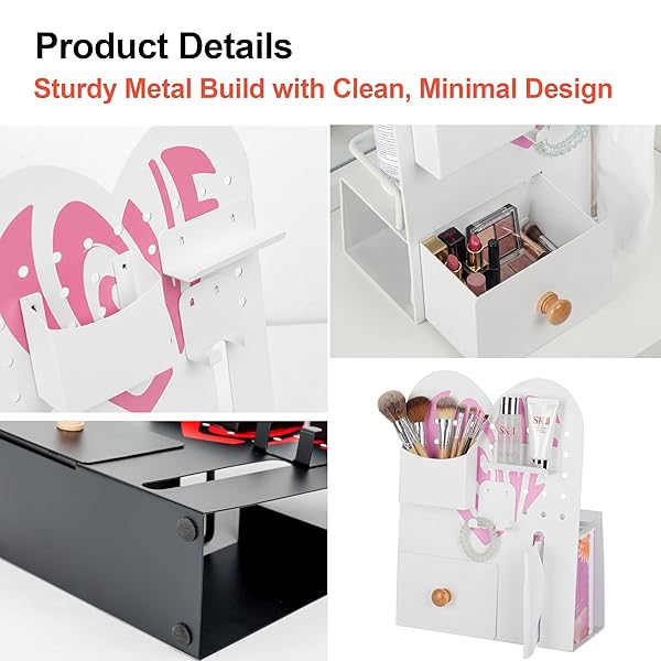 MAGNETIC PEGBOARD ORGANIZER FOR OFFICE DESK, MAKEUP VANITY, STATIONERY STORAGE, GAMING DESKTOP WITH 4 METAL ACCESSORIES DRAWER HOLDER HOOKS MODULAR – HOME DECOR TABLETOP DISPLAY KIDS ROOM – WHITE