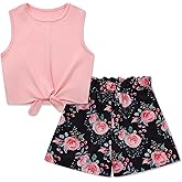 Ochine Girl's 2 Piece Outfits Summer Sleeveless Tie Knot Tank Top and Paperbag Waist Girls Shorts Set Clothes Sets 4-12 Years
