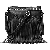 Sunwel Fashion Fringe Crossbody Bag with Rivets Western Purse Vegan Leather Tassel Shoulder Crossbody Bag for Women