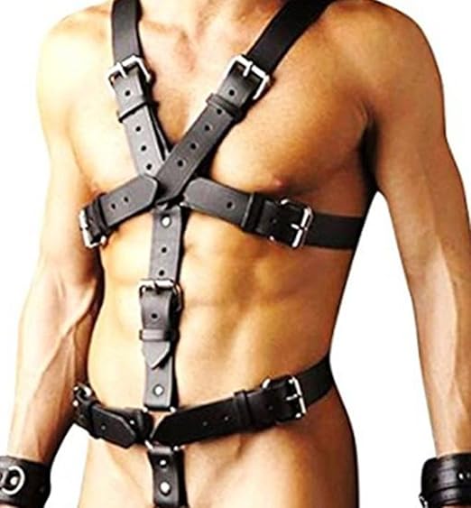 Tiaobug Männer Brust Harness Kunstleder Leder Optik Fetisch Bodysuit Körper O-Ring Schlaufe Brust Geschirr Stringbody Erotik 