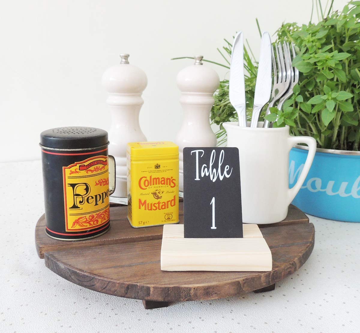 table caddy, cafe table display, condiment holder, wooden stand, wooden