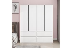 GraceGrove Armoire Wardrobe Closet 4 Drawers and 4 Doors, Closet for Large Capacity Handleless Tall Cabinet Wardrobe Cabinet with Hanging Rail Wooden White 63" W x 20.4" D x 74.2" H