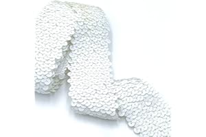 YOOGCORETT 2 Yards White Elastic Sequin Ribbon Trim Glitter Metallic Stretch Flat Sequin for Sewing Dress Costume Embellishments Headband and Crafts Sequin 1.8"Inch