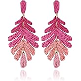 RUOFFETA Raffia Long Palm Leaf Earrings, Colorful Handmade Rattan Leaf Drop Dangle Earrings Summer Tropical Beach Jewelry