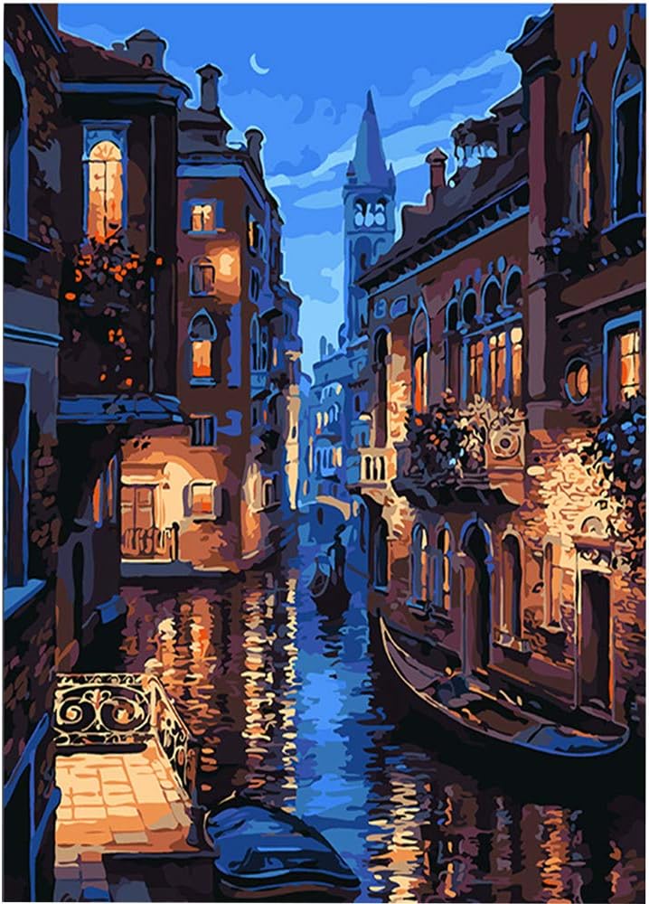 Paint by Numbers for Adults Beginner, Stress Relief Paint by Number DIY Canvas Oil Paint Kit with Brushes (Water Town)