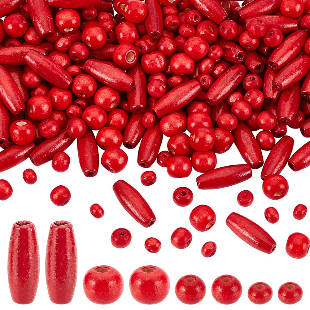 PH PandaHall 480pcs Red Wooden Spacer Beads, Round Barrel Wood Beads Large Hole Dyed Wooden Craft Hair Bead Long Tube Bead for Braided Hair Macrame Arts Crafts DIY Mother's Day Jewelry Making