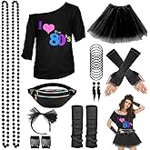 WILDPARTY 80s Costume Accessories for Women, T-Shirt Tutu Fanny Pack Headband Earring Necklace Fishnet Gloves Legwarmers