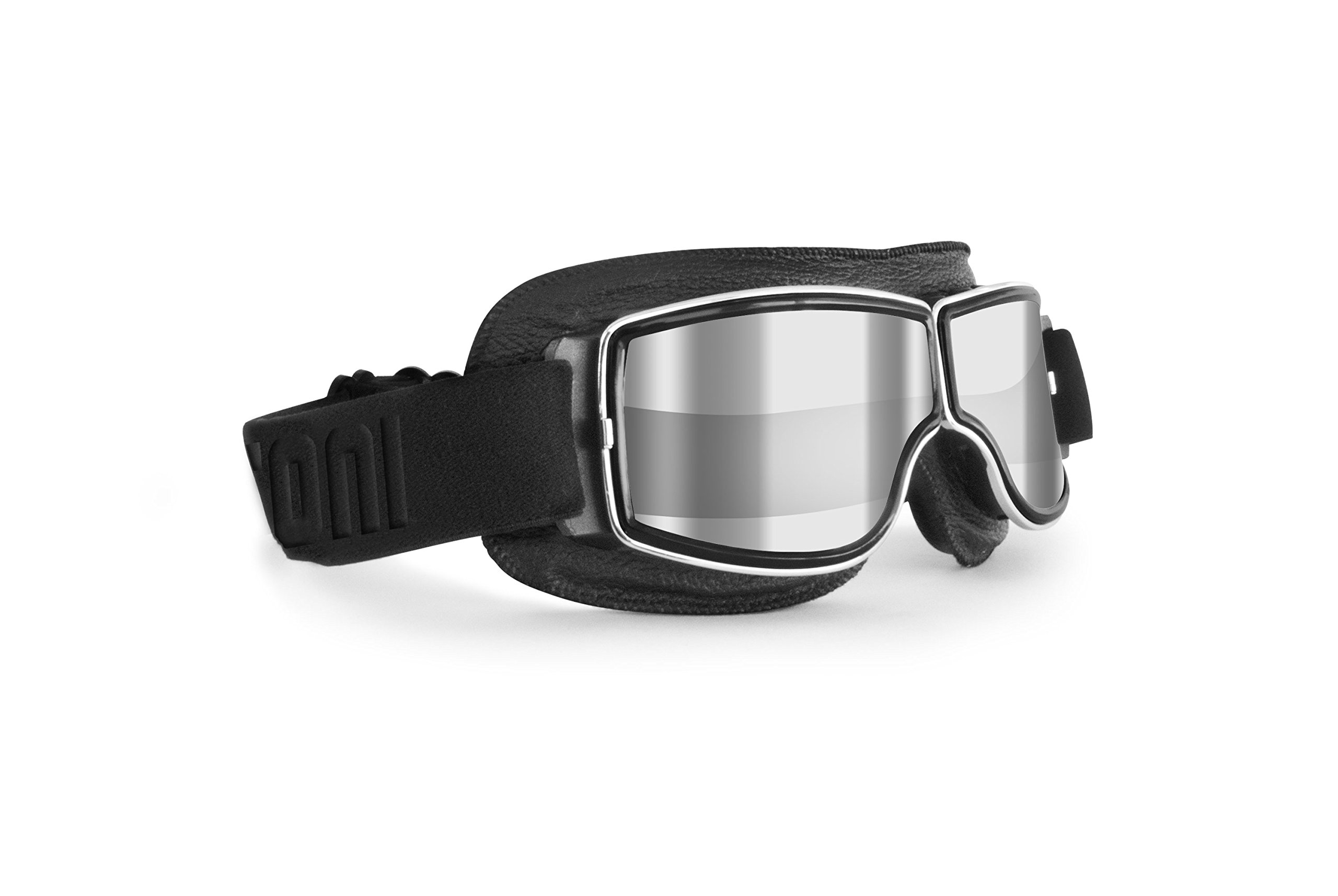 BERTONI Motorcycle Riding Goggles - Black Leather with Chromed Frame - Anticrash Ventilated Lens AF188 - Motorbike Helmets Goggles (Clear Silver Mirrored Lens)