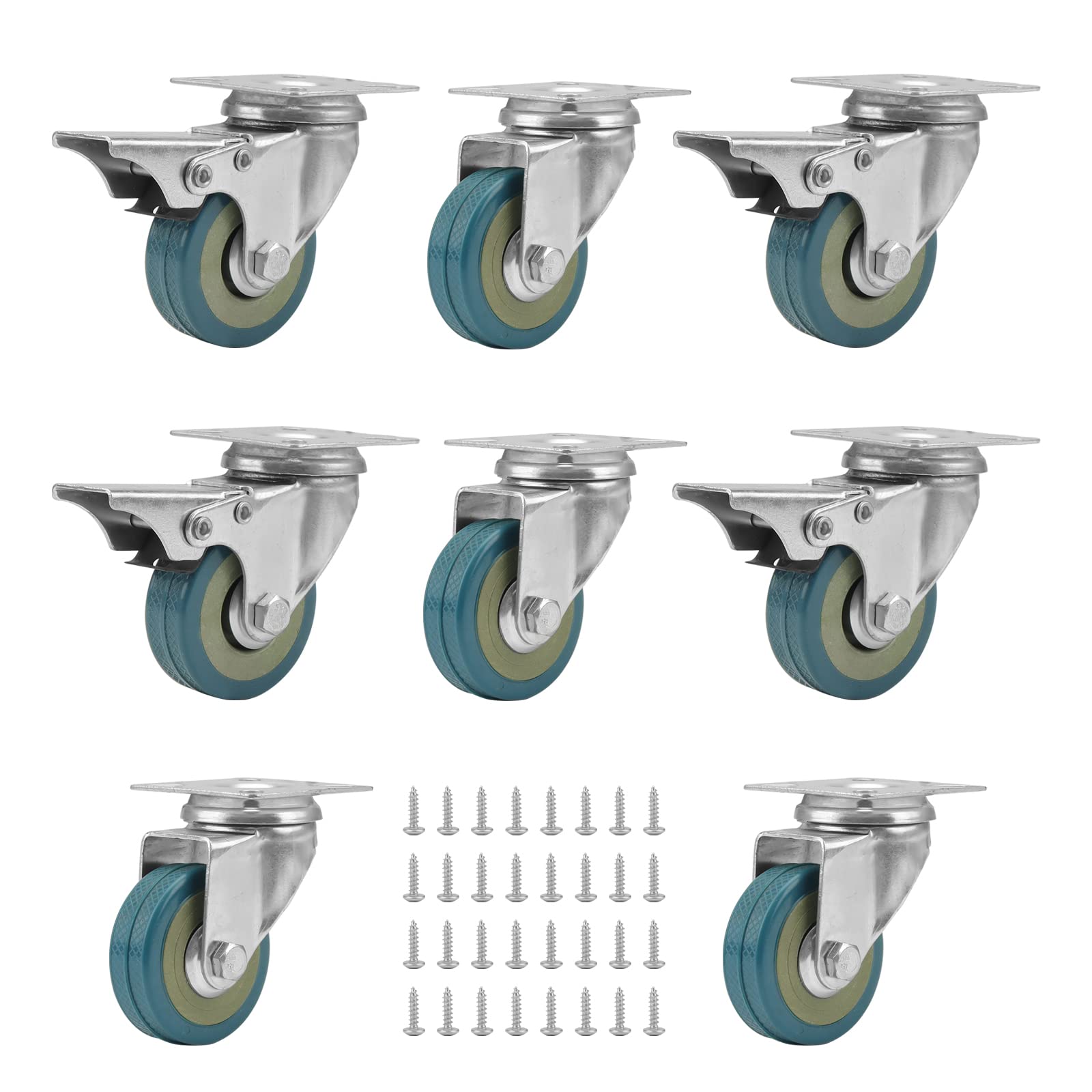 PINGEUI Set of 8 50 mm Swivel Castors for Furniture, 360° Rotatable Furniture Castors Set, Heavy Duty with Ball Bearings, Furniture Transport Castors Set, 4 Brake Castors, 4 Castors