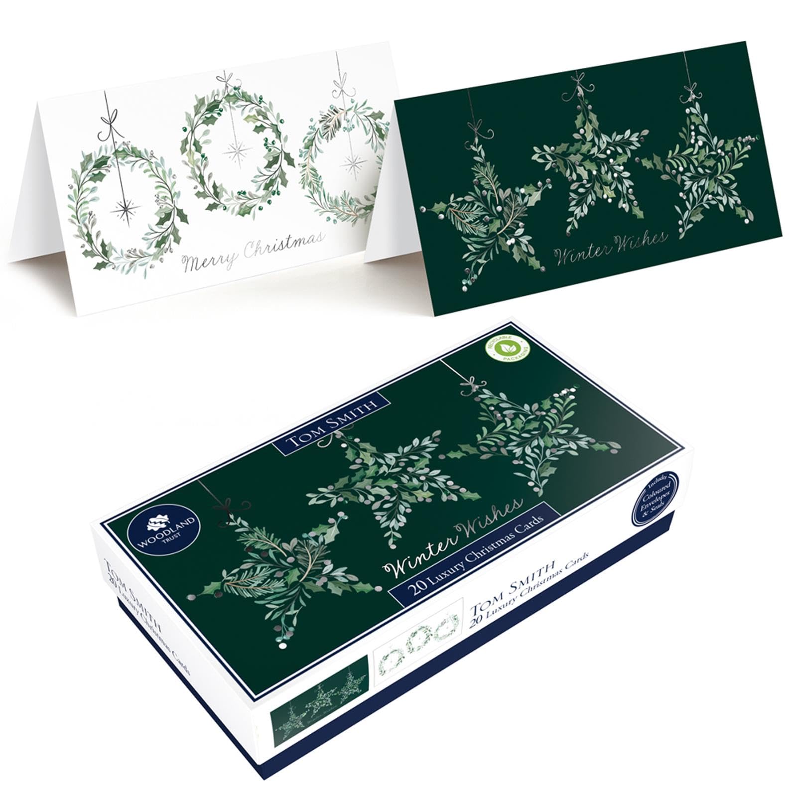 Tom Smith 20 Boxed Luxury Eco Friendly Christmas Cards 2 Slim Wreath & Stars Designs