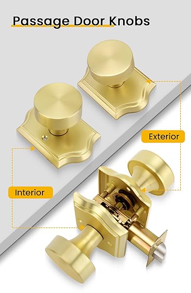 GOLDENWARM GOLD PASSAGE DOOR KNOBS, ZINC-ALLOY HEAVY DUTY CLOSET DOOR KNOBS, BRUSHED GOLD DOOR KNOB FOR HALLWAYS CLOSETS (6 PACK)