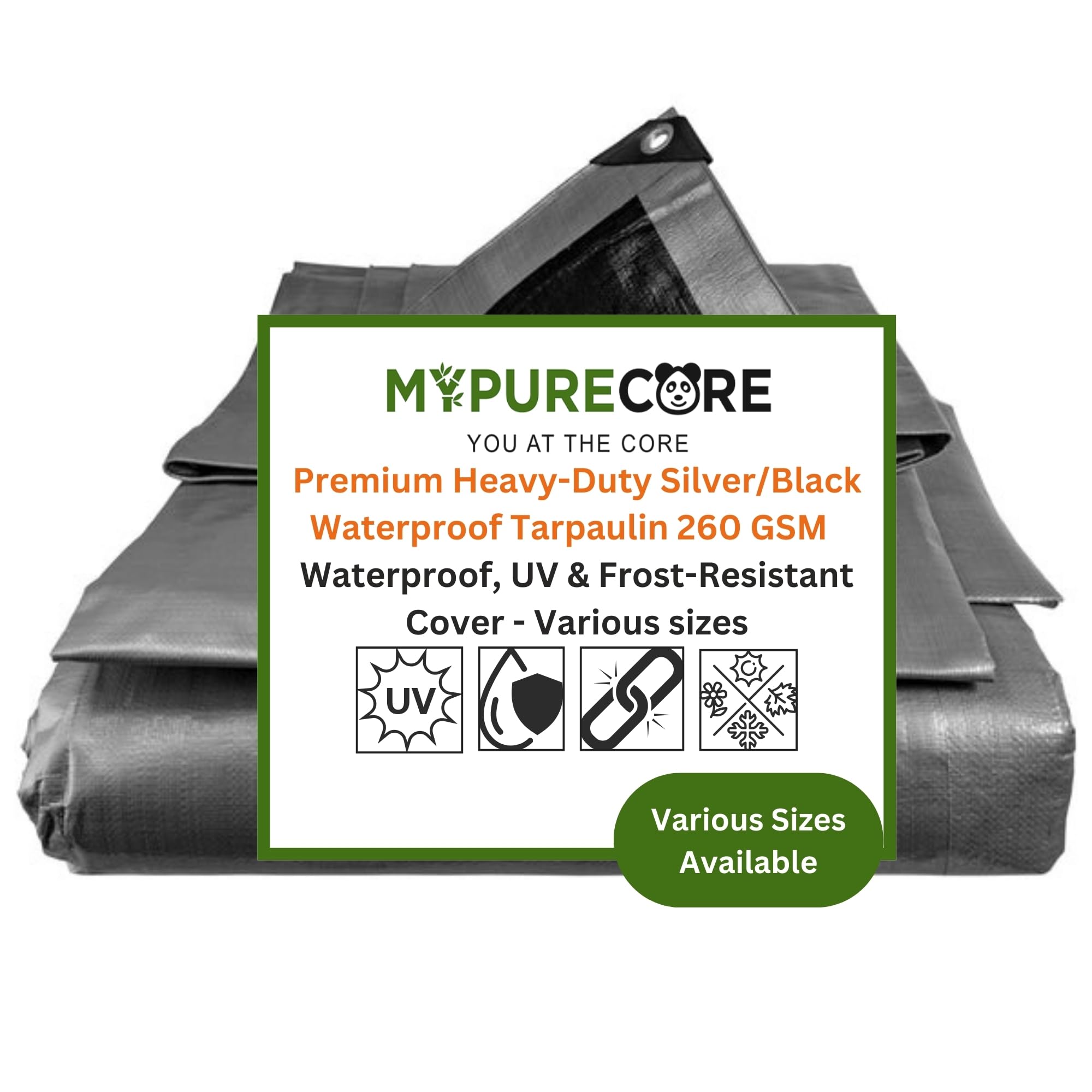 MYPURECORE Premium Heavy-Duty Tarpaulin 260 GSM - Waterproof, UV & Frost-Resistant Cover - Versatile for Camping, Garden, Gazebo, Trailer - Silver/Black Sheet with Reinforcement Edge (2m x 2m)