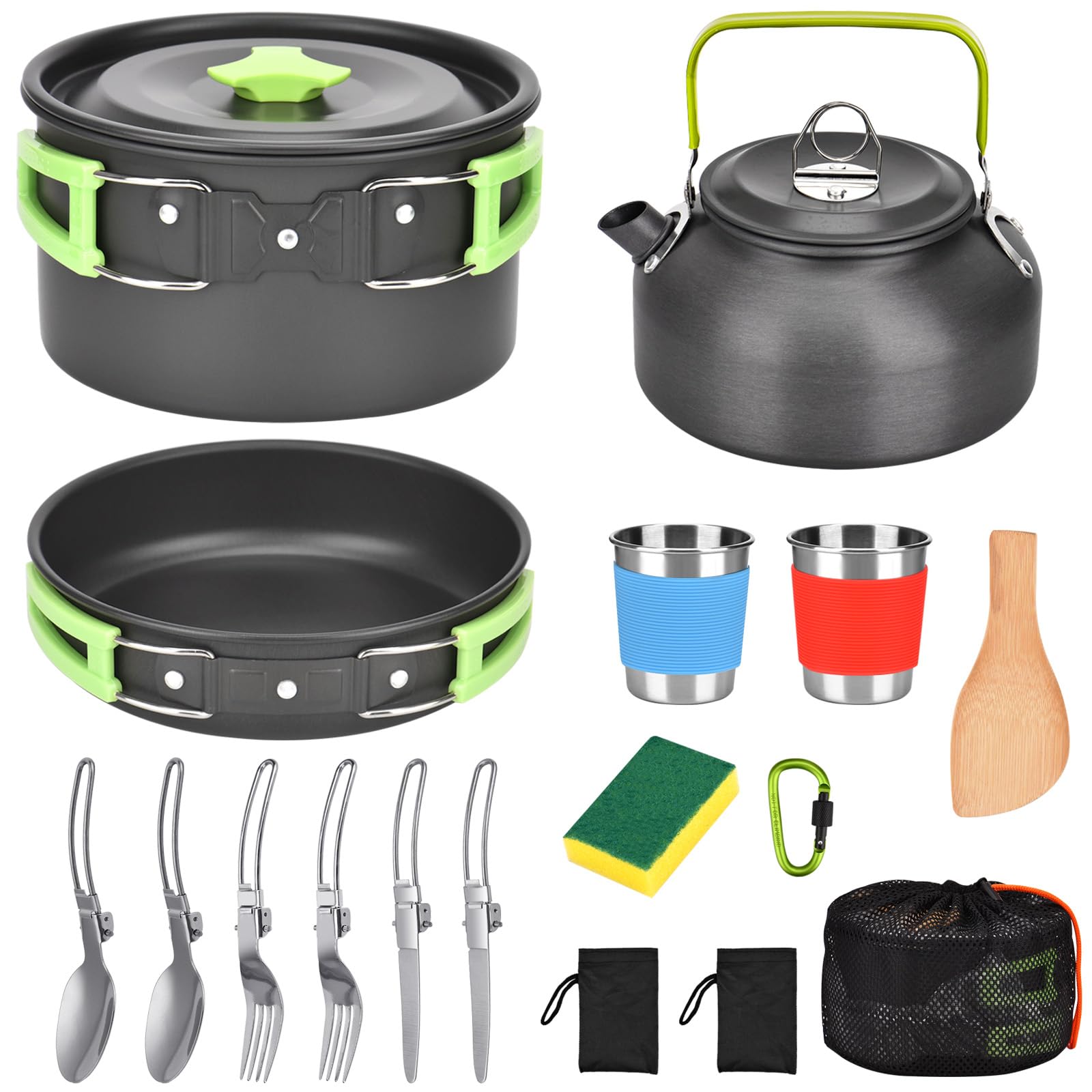 Pangutiandi 17 PCS Camping Cookware Set Outdoor Cooking Set Aluminum Camping Tableware Non Stick Camping Dinnerware for Hiking Trekking Backpacking Picnic Fishing Mountaineering（2 to 3 People)