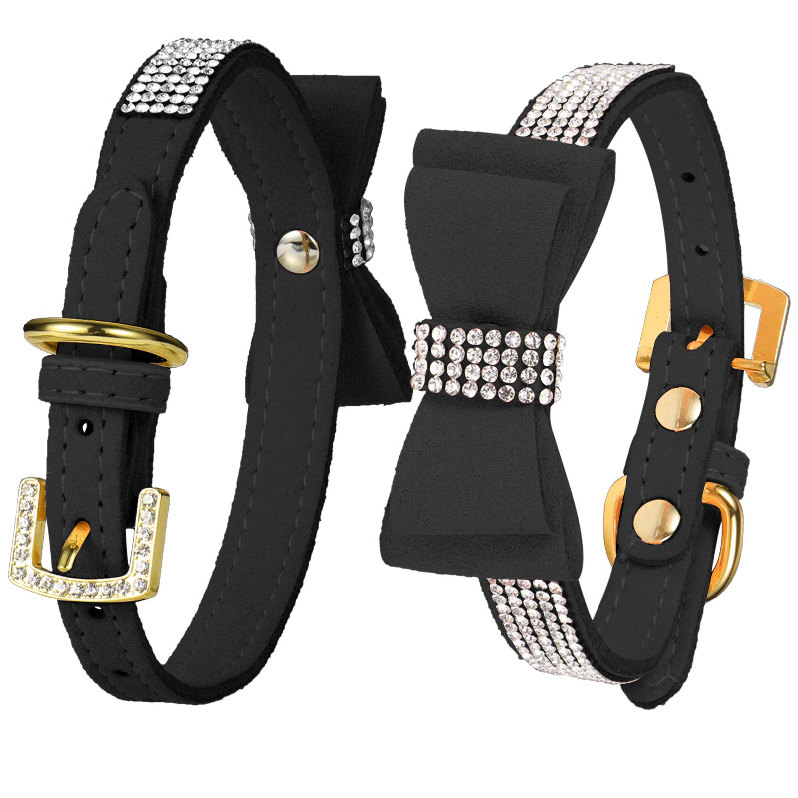 LOVPE Dog Collar/Cat Collar Crystal Velvet Leather with Bow-knot Tie Rhinestone Collars for Puppy/kitten Small Dogs&Cats (XS(Neck for:8-10 Inch), Black)