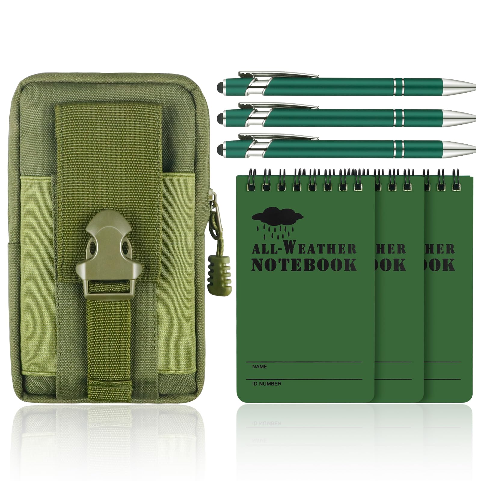 Photo 1 of Aecsze 7 Piece Waterproof Notebook, 3 X 5 Inch waterproof notebook and pen with Waterproof Multi Functional Waist Pack for Outdoor Activities Recording (Army Green)