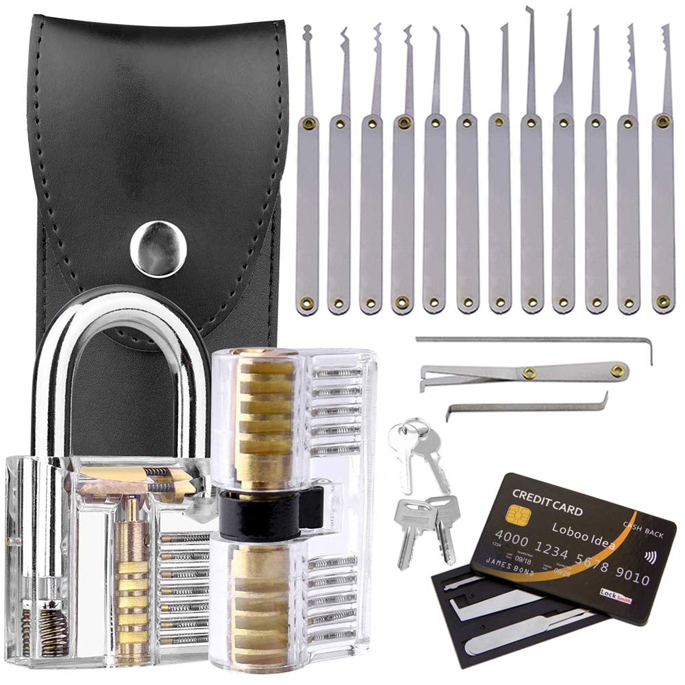 Loboo Idea 22-Piece Lock Pick Set, 15-Pieces Padlock Picking Tools Kit, 5-Pieces Credit Card Lock Picking Tool Kit and 2 Transparent Training Locks for Beginner and Pro Locksmiths