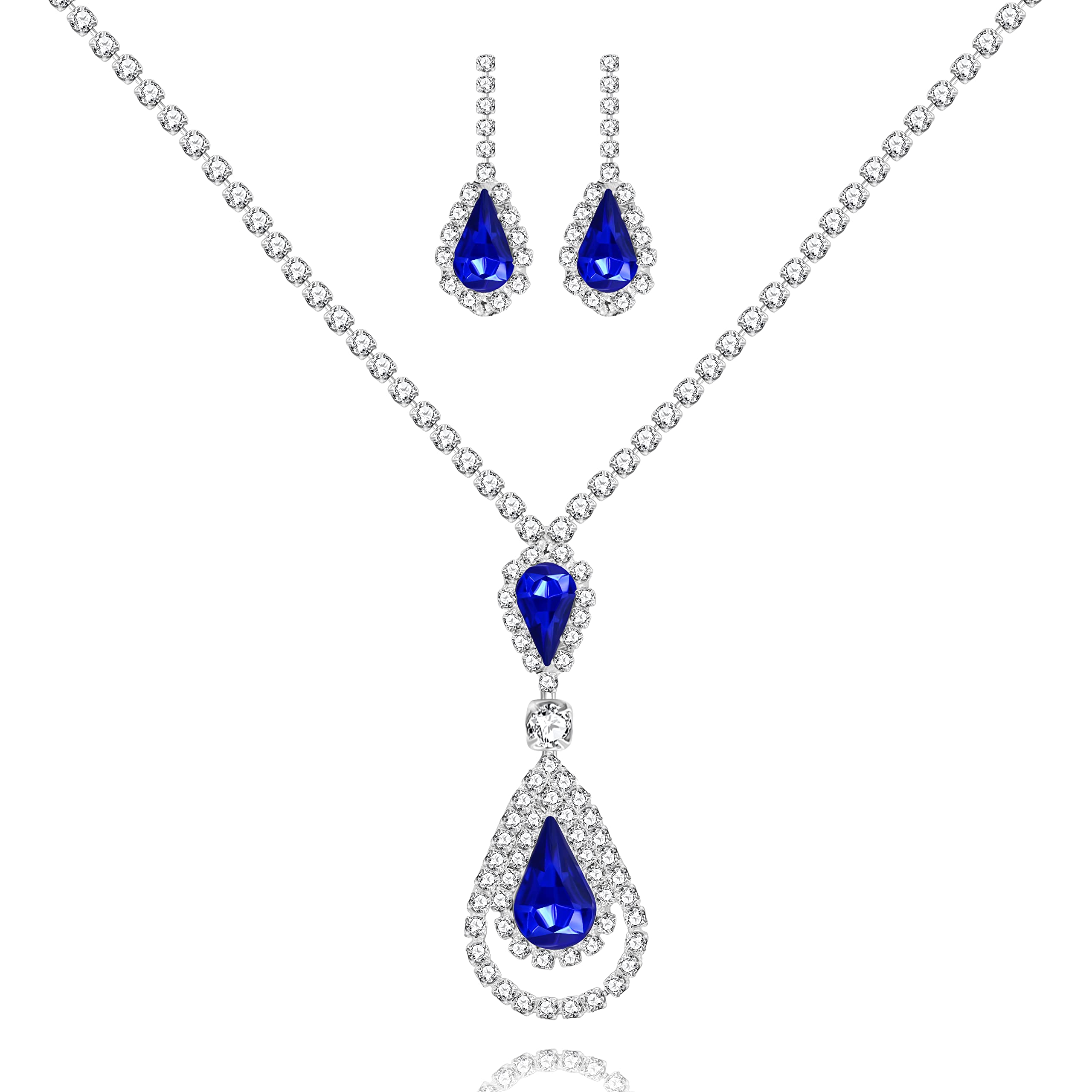 Uloveido Blue Teardrop Necklace and Stud Drop Earrings Set, Crystal Rhinestone Bridal Bridesmaid Jewelry, with 7 Cards Y1662