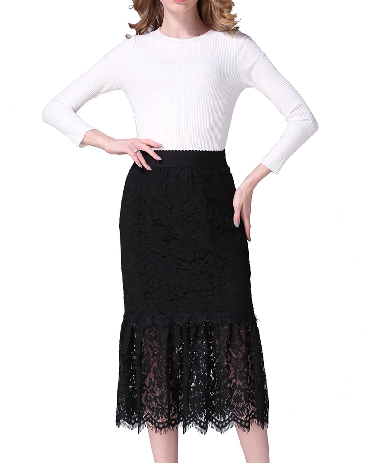 kimilily lace dress Kimilily Dress Womens Medium White Floral Lace Overlay Long Sleeve Ruffle  Hem