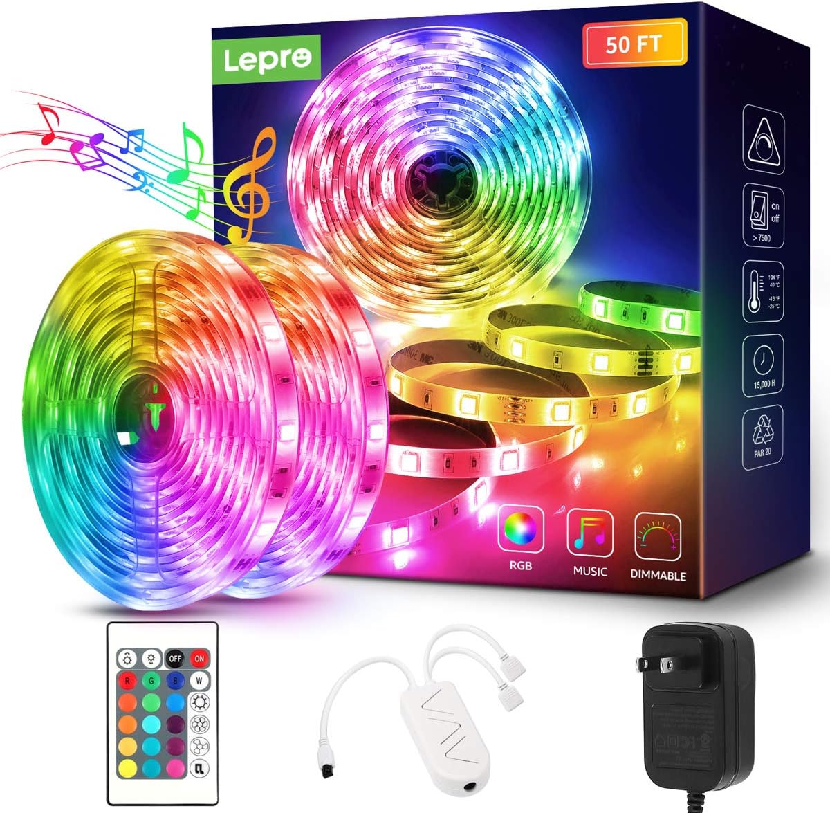 Lepro LED Strip Lights, 50ft Music Sync RGB LED Lights Strip with